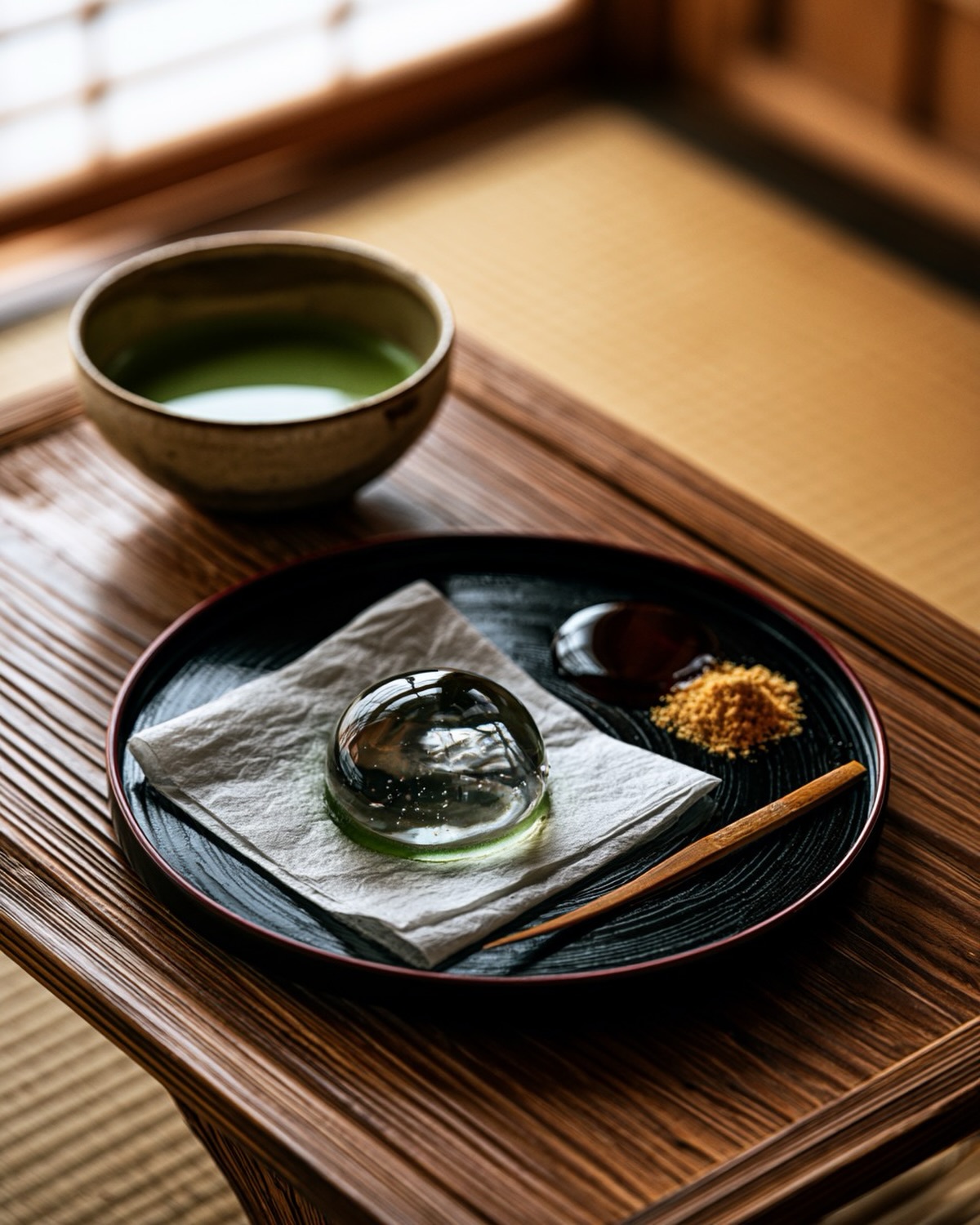 Tsuyu has its own flavour, and this is it.
Mizu shingen mochi is almost entirely water — it holds this perfect shape for only a few minutes before it softens and slips away. You eat it fast, with a pour of dark kuromitsu and a dusting of roasted kinako. A sweet that exists for the length of a rainfall and no longer.
Back on the counter for the season. Come while the rains are here. #mizushingenmochi #raindropcake #和菓子